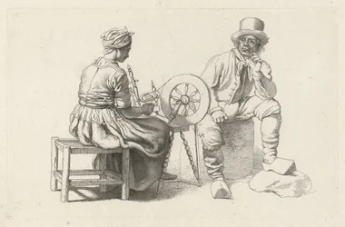 Studieark med en kvinne ved et snurrehjul og en sittende mann Studietrykk / Etudes gravées (serietittel)