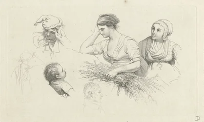 Studieark med en kvinne med en bunt med grener og figurer Studietrykk / Etudes gravées (serietittel)