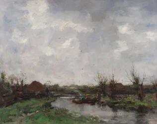 Et elvelandskap med gårdshus, slutten av 1870-tallet