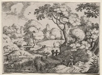 Seks landskap: Path Between Swamp and Wooded Bank, ca. 1595.