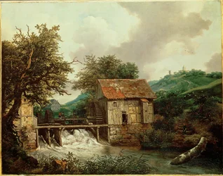 To vannmøller og en åpen sluse ved Singraven, Nederland (olje på lerret)