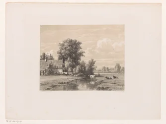Landskap med gård og ku i vannet