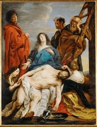 Pieta. Den hellige Maria holder Kristi legeme på knærne, Maria Magdalena drar torner fra Kristi panne, Maria Salome kysser hånden hans (maleri på lerret)