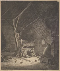 Interiør i en låve med mor og to barn, rett foran en grisekopi, 1600-tallet.