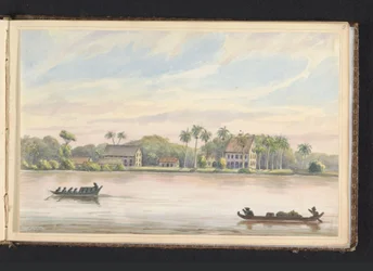 Utsikt over kaffeplantasjen Frederiksdorp ved Commewijne-elven Koffyplantage (tittel på objekt) Plante: Frederiksdorp (tittel på objekt) Album med tegninger av Surinam, s.8 (50) (serietittel)