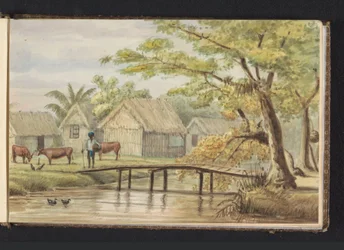 Slaveboliger på kaffeplantasjen Sorgvliet. Slavebolig (tittel på objektet). Utsikt over Blackhuizen på plantasjen Sorgvliet (tittel på objektet). Album med tegninger av Surinam, s. 5 (50) (serietittel)