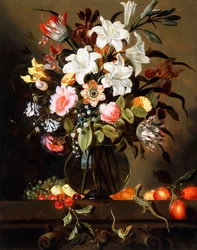 En bukett blomster med frukt og to sandøgler på en steinhylle, 1647