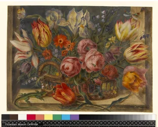 Blomsterstudie: diverse blomster i en kurv, med insekter og en øgle i vindussetting, 1634
