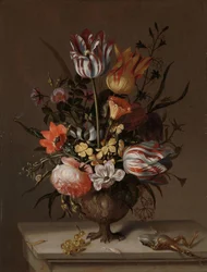 Stilleben med en vase med blomster og en død frosk
