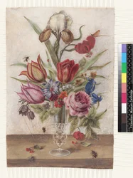 Venetiansk glassbeger som inneholder tulipaner, roser, anemoner, gentian, fritillary, iris varigat, lilium chalcedonicum maybug, mai-fly, liljekonvall og primula