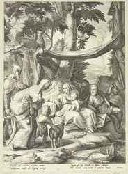 Den hellige familie satt i et landskap med Elizabeth, Zacharias og døperen Johannes som barn
