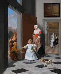 En sykepleier og et barn i en elegant foaje, 1663.