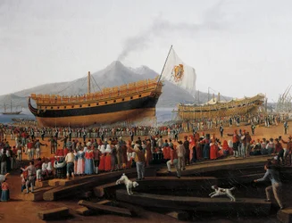 Lansering av skip i Castellammare di Stabia verft (olje på lerret)