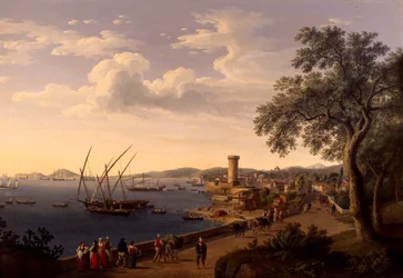 Havnen i Gaeta, moloen og festningen, av Jacob Philipp Hackert