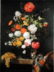 Stilleben av blomster og druer, ca. 1675