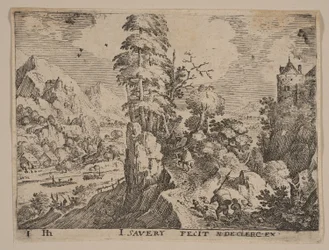 Sti med reisende til høyre for elven, fra landskap