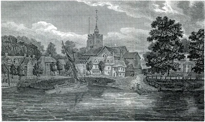 Gravering av St. Nicholas kirke i Chiswick av Schnebbelie 1807