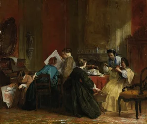 Gruppe kvinner som ser på stereoskopiske fotografier, ca. 1868 (olje på panel)