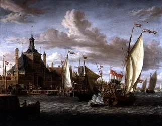 En Zeeland States-yacht skyter en salutt fra Dude Hoofdpoort, Rotterdam (olje på lerret)