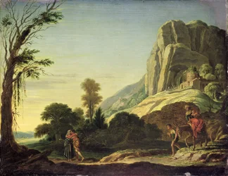 Landskap med møtet mellom Moses og Aron på Horeb-fjellet, 1626 eller 1620 (olje på kobber)