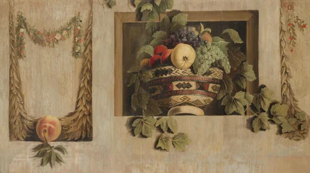 Stilleben med frukt- og blomstergirlander
