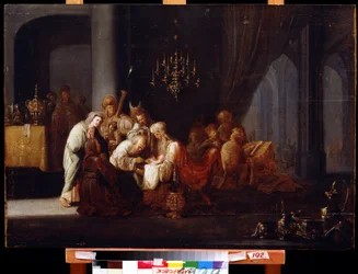 Omskjæring (The Circumcision). Maleri av Jacob Willemsz de Wet, den eldste (cirka 1630-etter 1675). Olje på tre, 91 x 64 cm. Nederlandsk kunst, barokkstil. Far Eastern Museum, Khabarovsk.