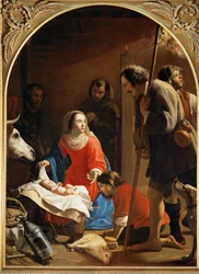 Hyrdenes tilbedelse, i bakgrunnen Frans av Assisi (maleri på lerret)