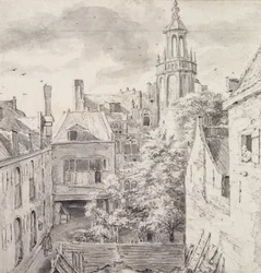 Utsikt over gårdsplassen til House of the Archers of the St. Sebastian Guild på Singel i Amsterdam (blyant og vask på papir)