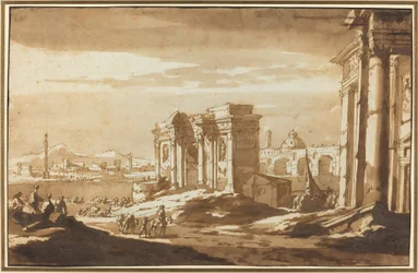 En Capriccio-utsikt over romerske ruiner langs Tiberen