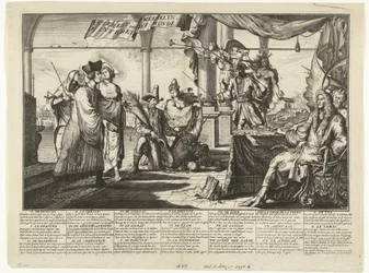 Tegneserie av advokatstanden som tjener på menneskets krangel, 1687 Interest des