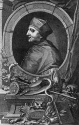 Portrett av Thomas Wolsey (1478-1530), engelsk kardinal og statsmann, gravering av Jacobus Houbraken (1698-1780)