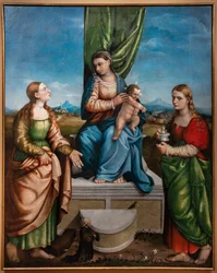 Tronet Madonna med Jesusbarnet mellom de hellige Katarina og Maria Magdalena, tredje tiår av 1500-tallet (olje på lerret)