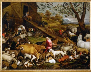 Dyrene går inn i Noahs ark (maleri på lerret)