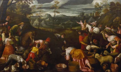 Moses slår vann fra klippen par Bassano, Jacopo, den eldste (ca. 1510-1592) (Jacopo da Ponte). Olje på lerret