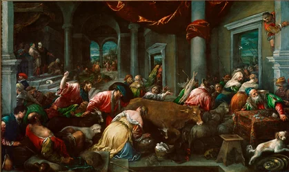 Rensingen av tempelet eller "" Kristus jager kjøpmenn fra tempelet"" Maleri av Jacopo Da Ponte dit Jacopo Bassano (1517 ca. 1592) Søn. 160x265 cm London, Nasjonalgalleriet