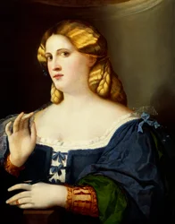 Kvinne med vifte, av Jacopo Nigretti kjent som Palma den eldste (1480-1528)