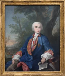 Soprankastraten Carlo Broschi, kalt Farinelli (1705-1782). Sangeren bærer Calatravaordenens medalje; på notearket han holder i hånden, står noen takter fra operaen Zenobia av Gaetano Latilia.