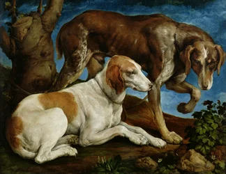 To jakthunder bundet til en trestubbe, ca. 1548-50