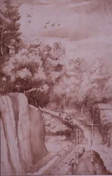 PD.52-1997 Utsikt over klosteret La Verna, veien som fører til klosteret, ca. 1607-12 (vask, penn og blekk på papir)