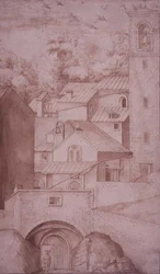 PD.53-1997 Utsikt over klosteret La Verna, inngangsporten og klokketårnet, ca. 1607-12 (vask, penn og blekk på papir)