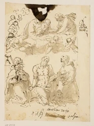 Sts Antony, Jerome og Bernardino knelende, med jomfruen og spedbarnet Kristus omgitt av barneengler bortenfor