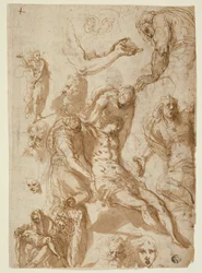 Skisser for en klagesang og en Pietà, og av forskjellige figurer, hoder og en arm (recto); Skisser av den døde Kristus, og av forskjellige figurer og hoder (verso)