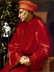 Portrett av Cosimo (Cosimo de Medici), dit Cosimo den gamle Medici (1389-1464) Maleri av Jacopo (Iacopo) Carrucci dit il Pontormo (Pontormo) (1494-1556) 1518-1519 Søn. 86x65 cm Gallery ( Office, Uffiz ) © Luisa Ricciarini / Leemage