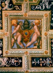 Putti og våpenskjoldet til pave Leon X (1475-1521). Fresco av Jacopo (Iacopo) Carrucci dit il Pontormo (Pontormo) (1494-1557)