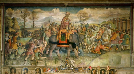 Freske som viser Hannibal som ankommer Italia. Av Jacopo Ripanda. Sent på 1500-tallet. Palazzo des Conservatori, Roma - Hannibal krysser Alpene, 218 f.Kr., av Jacopo Ripanda (aktiv ca. 1500-1516), ca. 1510, freskomaleri fra Conservatories Palace, Roma, det