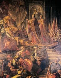 Ambassadører for pave og venetianere som trygler Barbarossa om fred forgjeves, av Jacopo Tintoretto (1519-1594) og hans verksted, Great Council Hall, Doge