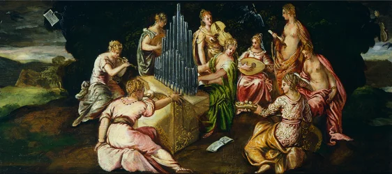 Contest between Muses and Pierides, av Jacopo Robusti kjent som Tintoretto (1519-1594), olje på panel, 46x91 cm