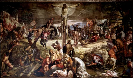 "" Crucifixion "" Maleri av Tintoretto (Jacopo Robusti) (1518-1594) 1565 Dim 536x1224 cm Venezia, Scuola di San Rocco