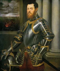 Portrett av en mann i en gulldekorert rustning, ca 1555.