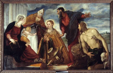 Jomfruen og barnet med Saint Catherine, Saint Augustine, Saint Mark, Saint John the Baptist Maleri av Jacopo Robusti dit Il Tontoretto (Tintoret) 1549 Søn. 1,93x3,14 m Lyon, Musee des Beaux Arts